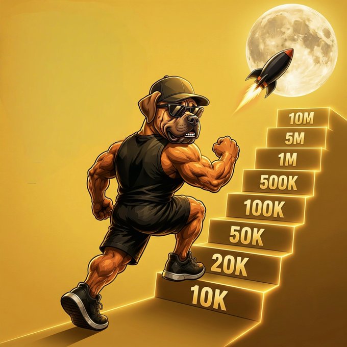 A muscular dog wearing sunglasses and a cap sprints up golden staircase blocks labeled "10K," "20K," "50K," "100K," "500K," "1M," "5M," and "10M," with a rocket blasting past a full moon in the background—visually echoing the post's message of Tosa Inu's relentless market cap climb toward the moon.
