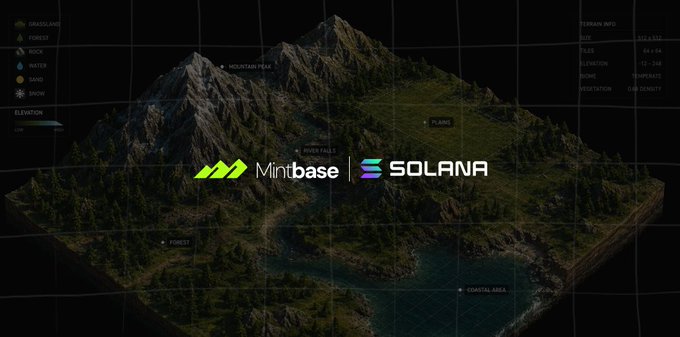 A dark 3D terrain map showing mountains, forest, plains, and coastal areas with a grid overlay and terrain info panel; the Mintbase and Solana logos are centered on the image.