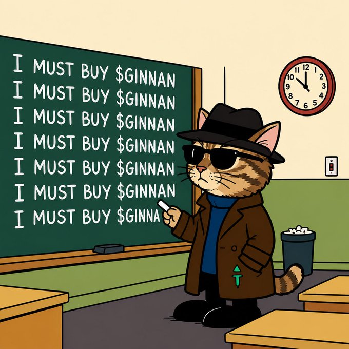 An animated cat detective wearing a fedora, sunglasses, and trench coat stands in a classroom pointing at a chalkboard that repeatedly reads 'I MUST BUY $GINNAN', with a clock showing 11:00 and a trash can nearby.