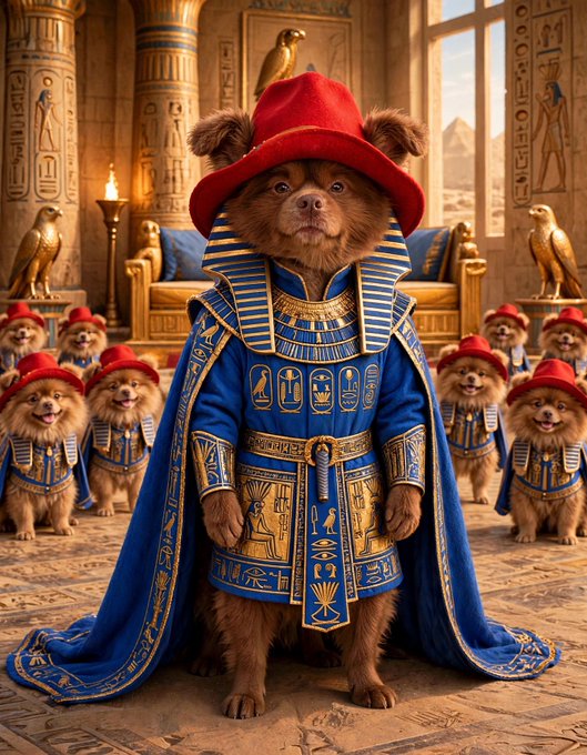 A Chihuahua dressed in elaborate blue and gold Egyptian pharaoh regalia with a red hat, standing in an ancient temple surrounded by other smaller dogs in similar attire.