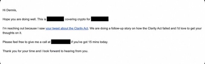 An email to 'Dennis' from a journalist covering crypto, requesting a follow-up interview about the Clarity Act, with portions of the email redacted in black.
