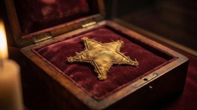 A weathered, tattered gold star sheriff's badge rests inside an open wooden box lined with red velvet, illuminated by candlelight in a moody setting.