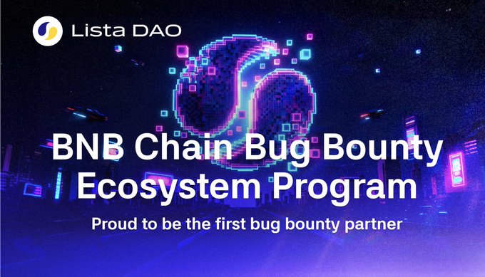 A promotional graphic for Lista DAO's announcement features the Lista DAO logo and text reading "BNB Chain Bug Bounty Ecosystem Program" with the tagline "Proud to be the first bug bounty partner," set against a vibrant purple and pink cyberpunk cityscape background with floating digital elements, celebrating Lista DAO's role as the inaugural participant in BNB Chain's security initiative.