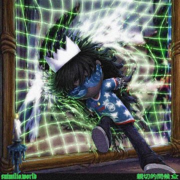 Anime-style artwork showing a girl wearing a crown and blue dress falling or floating backward against a green grid background, with a small blue figure standing below her. The image is watermarked 'satellla.work'.