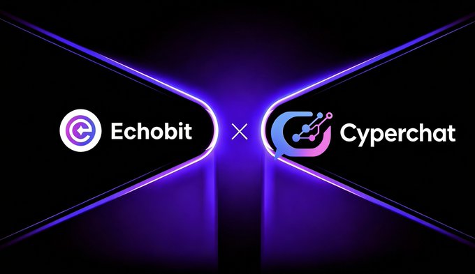 The image showcases a partnership announcement between Echobit and Cyperchat, featuring their respective logos connected by an "x" symbol against a dark background with vibrant purple neon accents and geometric light streaks, visually representing the collaboration highlighted in the post about two Web3 projects coming together.