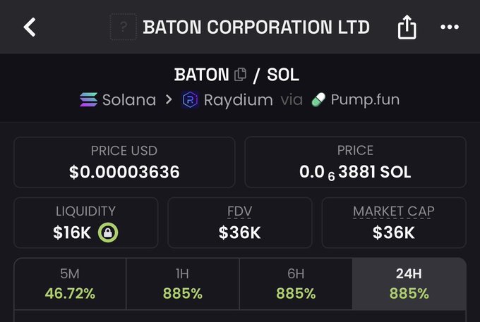 A screenshot of the DEX trading page for **BATON CORPORATION LTD (BATON/SOL)**, showing a price of $0.00003636 USD (0.00003881 SOL), liquidity of $16K, FDV/market cap of $36K, and a pump of +885% over the 1H, 6H, and 24H timeframes—illustrating the massive price spike on Pump.fun via Raydium referenced in the post.