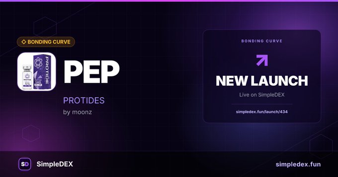 The image features a purple background with white text that reads "New launch PEP protides by moonz simpledex.fun/launch/434". The main focus of the image is the title "PEP new launch protides" written in white letters, which is located at the top center of the image. This text is accompanied by a small purple arrow pointing to the right side of the image.