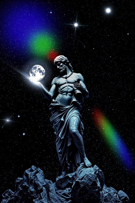 A digital artwork of a Greek-style marble statue of a bearded god holding a glowing moon, set against a starry space background with colorful nebula streaks.