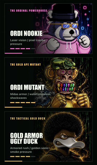 Three character profile cards titled 'ORDI NOOKIE' (laser vision / pixel combo pressure), 'ORDI MUTANT' (Midas armor / water-mutation shockwaves), and 'GOLD ARMOR UGLY DUCK' (armored rush / golden sonic-smoke pressure).