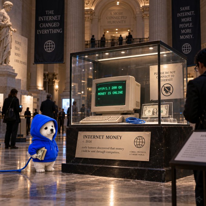 An AI-generated scene of a museum exhibit titled 'INTERNET MONEY c. 2026' displaying an old computer with 'HTTP/1.1 200 OK MONEY IS ONLINE' on screen, banners reading 'THE INTERNET CHANGED EVERYTHING' and 'A MORE CONNECTED HUMANITY', and a small white dog in a blue hoodie holding cash beside the display case.