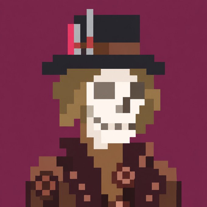 A pixel art skeleton wearing a top hat with a card tucked into the brim, set against a burgundy background, evokes a dapper "Good Morning" vibe fitting the post's enthusiastic GM greeting ahead of the @solanabrokers mint and wallet checker announcement.