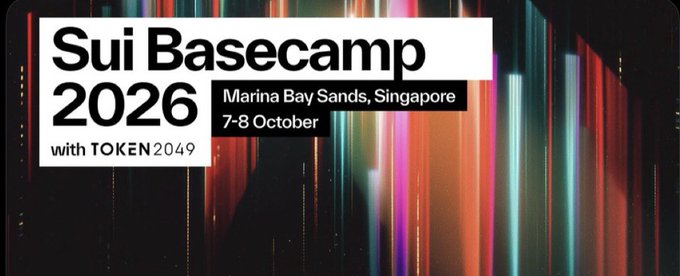 Promotional banner for 'Sui Basecamp 2026 with TOKEN 2049' at Marina Bay Sands, Singapore on 7-8 October.