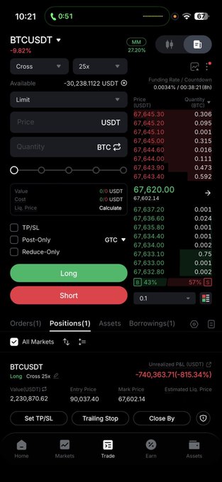 A cryptocurrency trading app screenshot showing the BTCUSDT pair down 9.82% with a long position showing an unrealized P&L of -$740,363.71 (-815.34%).