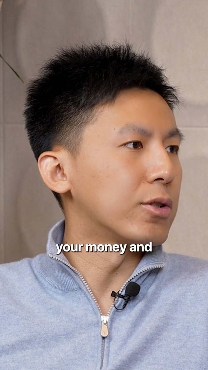 A man wearing a gray zip-up sweater with a lapel microphone speaks during an interview, with the caption "your money and" overlaid on the image. The post connects this discussion to the Aptos Foundation, highlighting how the platform provides fast, low-cost rails for AI agents to handle continuous financial upkeep.