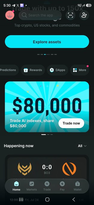 The image shows a mobile app screenshot of Bitget Wallet featuring a promotional banner for a "$80,000 Trade AI indexes" campaign. The accompanying post explains how users can participate in this DTF Token Trading Campaign by opening their Bitget Wallet and clicking the highlighted "Trade now" button visible on the promotional banner.