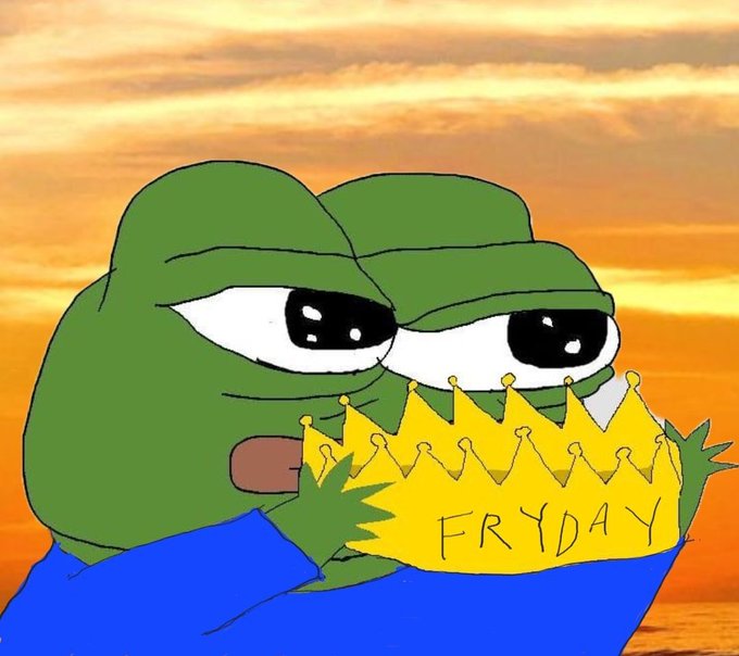 Two cartoon frogs holding a yellow crown labeled 'FRYDAY' against a sunset background.