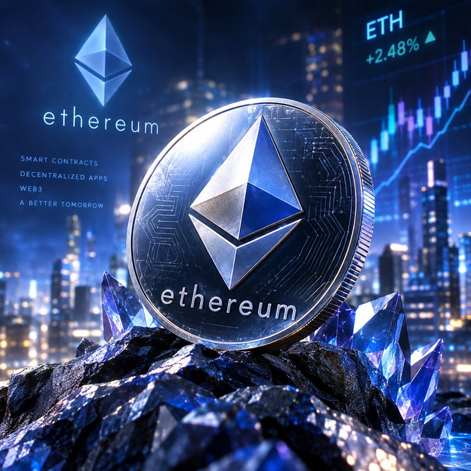 A large silver and blue Ethereum coin is prominently displayed on a rocky surface with glowing blue crystals, set against a city skyline with an 'ETH +2.48%' chart indicator.