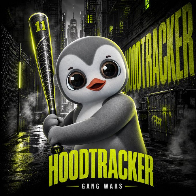 A movie-style poster titled 'HOODTRACKER: GANG WARS' featuring a cartoon penguin with big eyes holding a baseball bat marked '11' in a dark urban alleyway.