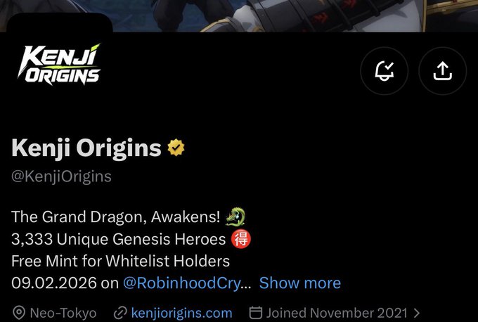 Twitter/X profile for 'Kenji Origins' (@KenjiOrigins) featuring 'Kenji Origins' logo, advertising 'The Grand Dragon, Awakens!' with 3,333 Unique Genesis Heroes, Free Mint for Whitelist Holders on 09.02.2026 at @RobinhoodCrypto, located in Neo-Tokyo.