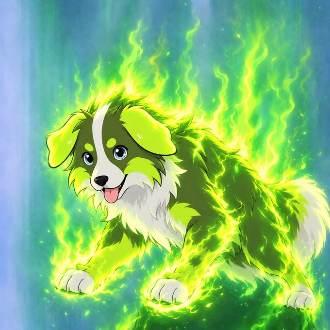 A stylized digital illustration of a cute puppy surrounded by glowing green flame-like energy, depicted in an anime art style.