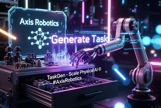 A futuristic robotic arm in a neon-lit workspace interacts with mechanical parts on a workbench, with holographic displays showing "Axis Robotics," "Generate Task," "TaskGen - Scale Physical AI," and "#AxisRobotics." The image visually reinforces Axis Robotics' TaskGen concept by depicting a robotic system autonomously processing and executing tasks, symbolizing how the tool transforms natural language prompts into automated physical AI workflows.