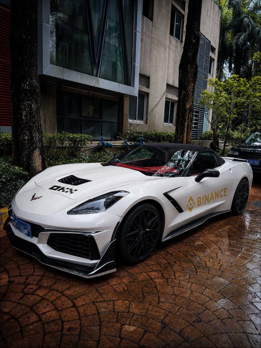 A white Chevrolet Corvette convertible with "BINANCE" branding on the side is parked on a wet brick driveway in front of a building, featuring a checkered flag decal on the hood. The post is asking followers to choose between window tinting options for the car.