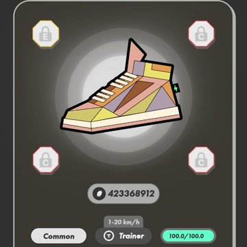 The image shows a colorful, geometric shoe design with various colors and patterns. The shoe appears to be made of paper or cardboard, as indicated by its lightweight appearance. It has a unique design that stands out against the dark background. The shoe is displayed on a screen, possibly in an app or game, where it is accompanied by several other elements such as buttons and icons. One button is labeled "Common", while another button is marked with a number. These buttons might be used to navigate through the content or interact with the design.