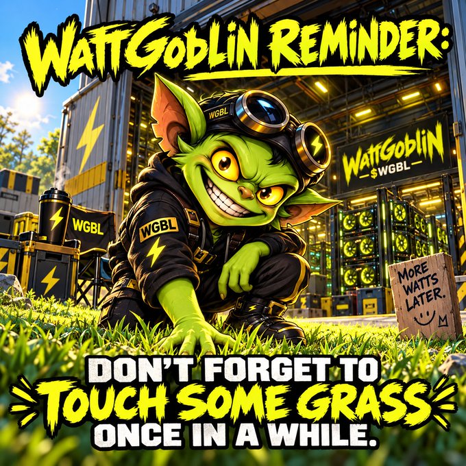 An illustrated graphic of a green goblin character wearing goggles and a 'WGBL' jacket, with text reading 'WattGoblin REMINDER: DON'T FORGET TO TOUCH SOME GRASS ONCE IN A WHILE.' and a sign saying 'MORE WATTS LATER'.