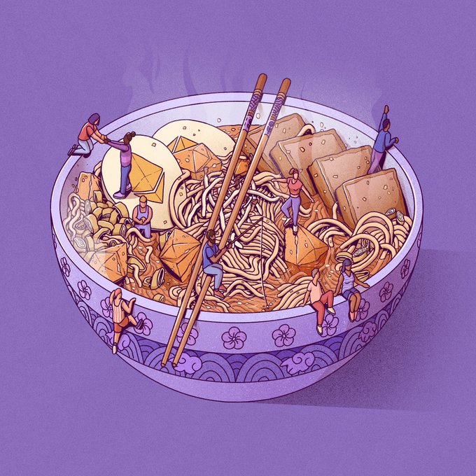 A whimsical illustration shows miniature people interacting with a giant bowl of ramen, with tiny figures climbing on the chopsticks, tofu cubes, and noodles against a purple background.