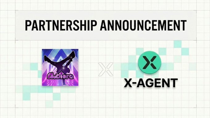 A partnership announcement between Audiera and X-AGENT, featuring both logos side by side against a light grid background.