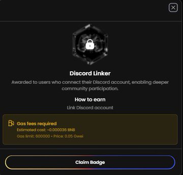 A 'Discord Linker' badge award screen stating it is given to users connecting their Discord account, with a gas fee of ~0.000038 BNB required to claim.