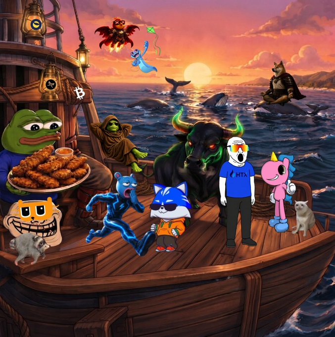 A vibrant digital illustration features various internet meme characters and crypto mascots—including a hooded green figure, Pepe, a demonic bull, Sonic, and a person in a "HTX" shirt—gathered on a ship at sunset, alongside a white dog.