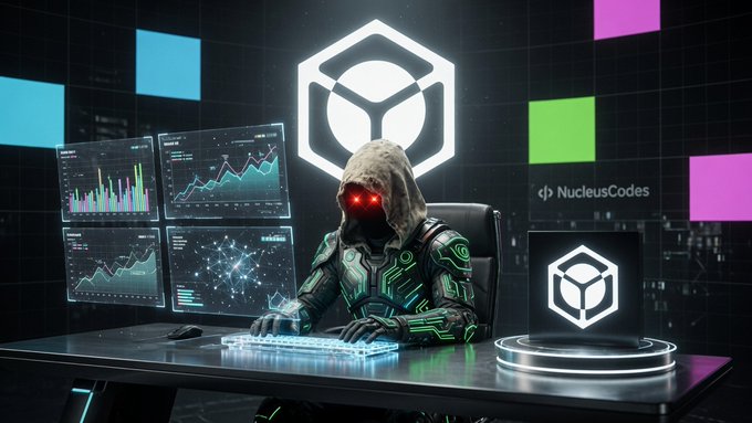 A futuristic cyberpunk-style image featuring a hooded figure with glowing red eyes sitting at a computer terminal displaying data charts, branded with the 'NucleusCodes' logo.