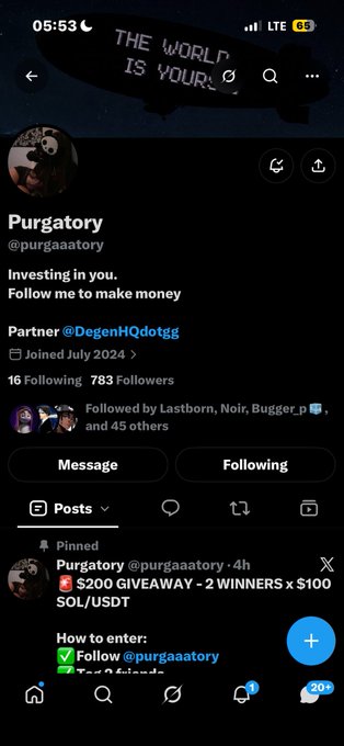 A Twitter/X profile page for 'Purgatory' (@purgaaatory), featuring a banner that says 'THE WORLD IS YOURS' and a pinned $200 giveaway for 2 winners in SOL/USDT.