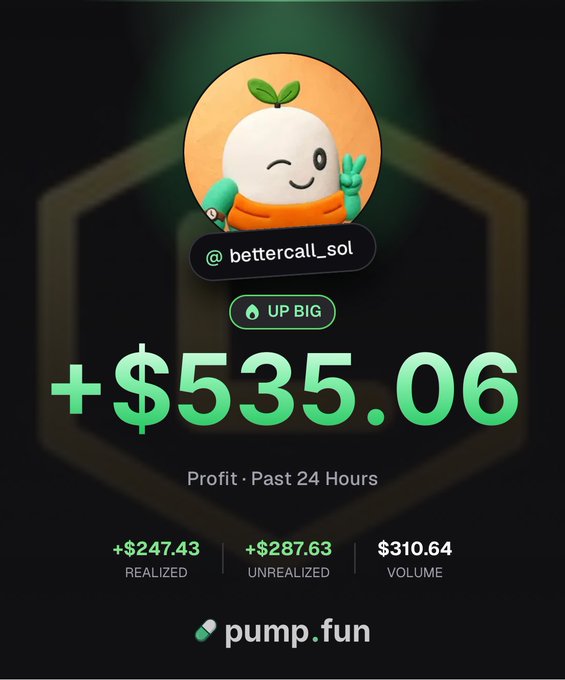 A pump.fun screenshot shows a profit of +$535.06 over the past 24 hours for @bettercall_sol, with $247.43 realized, $287.63 unrealized, and $310.64 in volume.