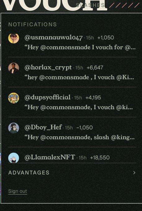 The image displays a Vouches notifications panel showing various users like @usmanauwalo47 (+1,050), @horlax_crypt (+6,647), @dupsyofficial (+4,195), @Dboy_Hef (-1,050), and @LlamalexNFT (+18,550) who have vouched for @commonsmade on the platform. The snapshot serves as evidence of the community's support, with the largest vouch coming from @LlamalexNFT, supporting the post's claim about receiving significant backing from the community.