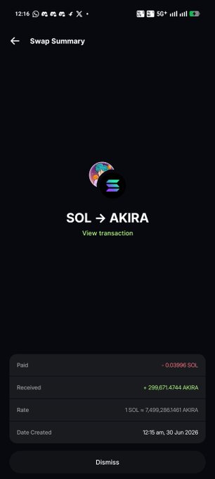 A mobile wallet 'Swap Summary' screen showing a token exchange: paid 0.03996 SOL and received 299,671.4744 AKIRA, with a rate of 1 SOL = 7,499,298.1461 AKIRA, dated 12:15 am on 30 Jun 2026.