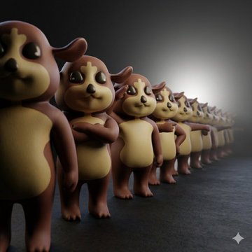 A 3D rendered image of identical cartoon dog or bear characters lined up in a row with arms crossed.
