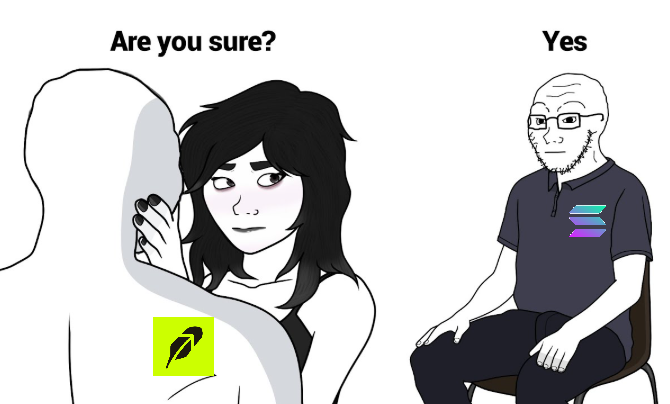 A Wojak-style meme showing a nervous woman with black hair asking 'Are you sure?' to an unseen partner, while a content bald man with glasses wearing a Solana shirt watches from the side saying 'Yes.'