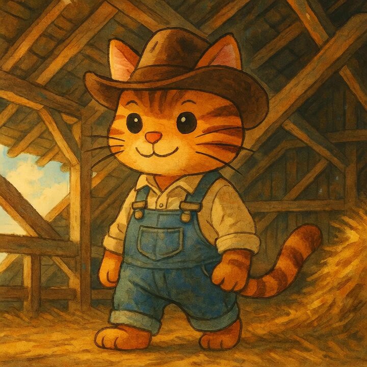 The image features a cartoon cat wearing a cowboy hat, standing inside an old barn with wooden walls. The cat appears to be smiling as if posing for a picture or enjoying its time in the barn. The caption below the image reads "Pixel-perfect prime time".