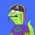A cartoon illustration of a green dinosaur wearing a purple shirt and a pirate hat on a blue background.