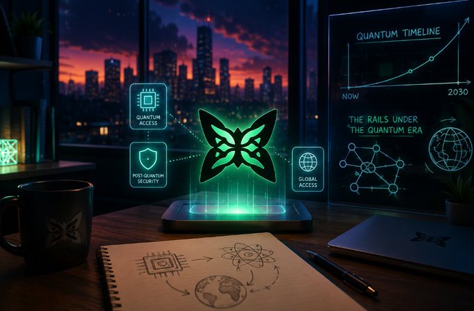 A glowing butterfly logo hovers above a notebook sketch of a quantum-to-global connectivity cycle, framed by holographic labels reading "QUANTUM ACCESS," "POST-QUANTUM SECURITY," "GLOBAL ACCESS," and a "QUANTUM TIMELINE" chart spanning NOW to 2030 with the tagline "THE RAILS UNDER THE QUANTUM ERA." The scene visualizes the post's premise that today's GPU race will shift to a quantum compute battlefield by 2030, positioning Quip Network as the foundational infrastructure bridging quantum access, post-quantum security, and global reach.