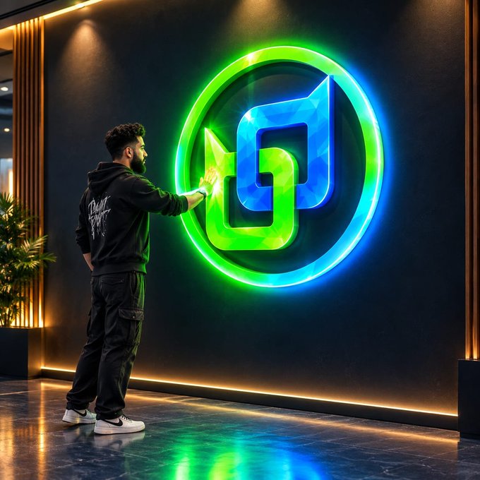 A bearded man in black streetwear reaches toward a glowing neon green and blue abstract logo mounted on a dark wall in a modern interior space.