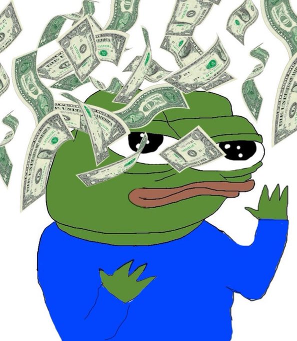 A cartoonish green Pepe the Frog character stands with money (dollar bills) raining down around him.