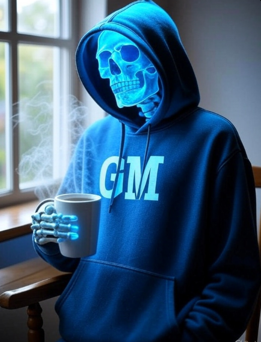 A stylized blue-tinted figure in a hoodie wearing a skull mask and holding a steaming mug, with 'G(M)' displayed on the sweatshirt.