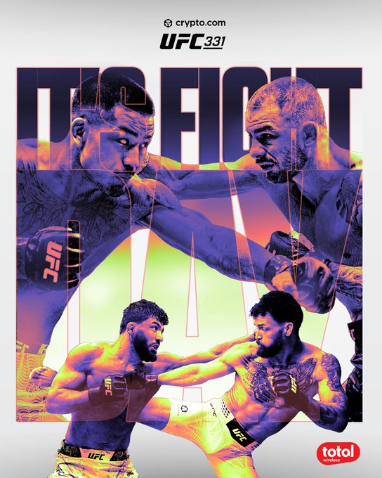 A vibrant fight poster for UFC 331 promoted by Crypto.com, featuring two MMA matchups in a colorful purple and orange color scheme, with the bold "IT'S FIGHT" text behind the fighters and "TOTAL" branding in the bottom corner, matching the post announcing fight day coverage streaming on Paramount+.