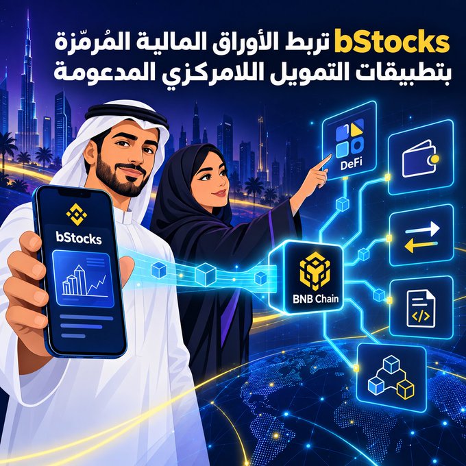 The image shows two people in traditional Gulf attire (a man in white thobe and ghutra, a woman in black abaya) holding a smartphone displaying the "bStocks" app, with glowing connection lines linking it to icons representing "DeFi," "BNB Chain," a wallet, and smart contracts against a backdrop of a futuristic city skyline and digital globe. The Arabic text reads "bStocks ربط الأوراق المالية المُرمَّزة بتطبيقات التمويل اللامركزي المدعومة" ("bStocks linking tokenized securities to supported decentralized finance applications"), visually illustrating how the platform bridges tokenized securities with DeFi applications on the BNB Chain network.