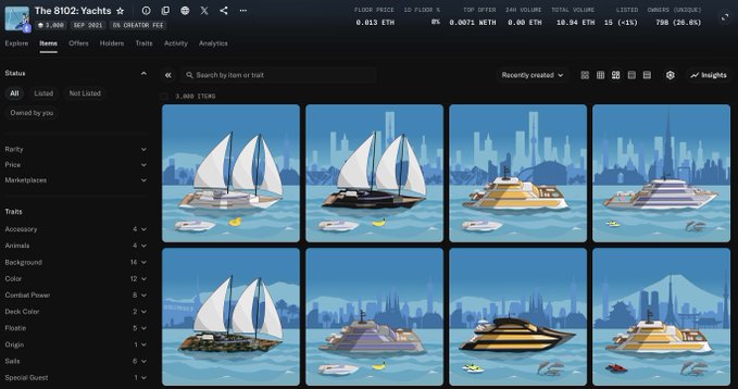 A screenshot of the OpenSea NFT marketplace displays 'The 8102: Yachts' collection featuring pixel art yacht images priced at 0.013 ETH.