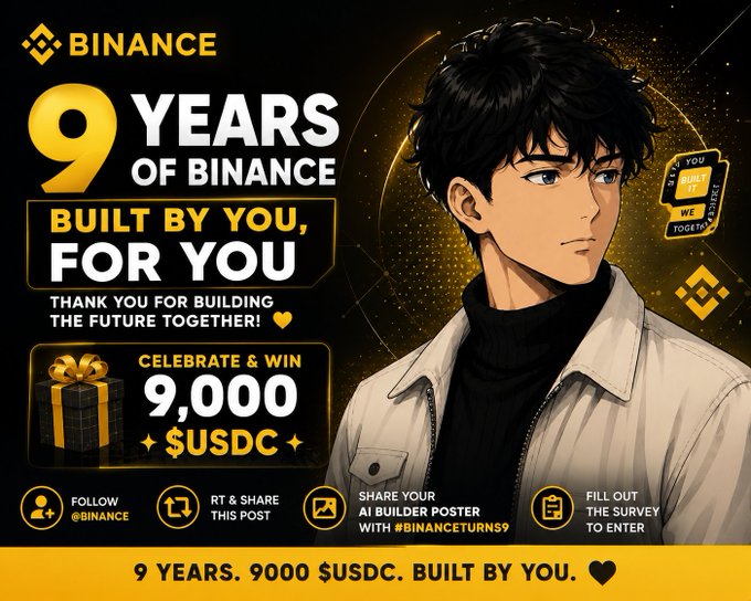A Binance promotional graphic celebrating the exchange's 9th anniversary, featuring an anime-style male character alongside bold "9 YEARS OF BINANCE" text and a giveaway of 9,000 $USDC. The "Built By You, For You" campaign asks users to follow Binance, retweet, share their AI Builder Poster with #BinanceTurns9, and complete a survey to enter—directly tying into the post's excitement about joining the 9-year celebration campaign.