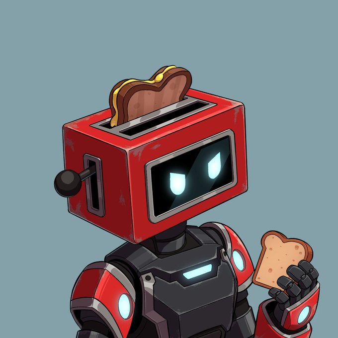A cute red toaster-headed robot with glowing blue eyes holds a piece of toast in its robotic hand, matching the "Cypherbox: Robot 1/1 October 1st" post referencing a unique robotic character with bread popping from its toaster head.